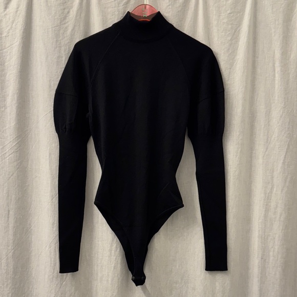 Alaia Tops - ALAÏA Women's 100% New Wool Puff Sleeve Mock Neck Black Long Sleeve Bodysuit XS
